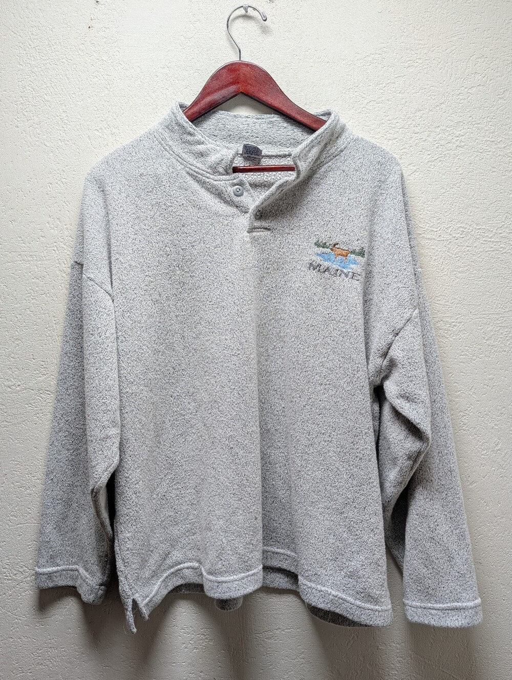Vintage Maine Moose Fleece Pullover Sweatshirt Gray Mock Neck Henley Men's L 90s